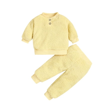 

Jamlynbo 2 Piece Fleece Sweatsuit Baby Girl Boy Sweatshirt Button Down Pullover Tops Long Sleeve Solid Color Jogger Pants Set