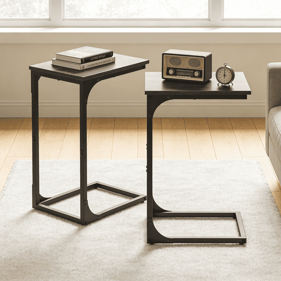 LEDREM 2-Pack C-Shaped End Tables - Slim Sofa Side Tables, 24.4" Height, Steel Frame, Ebonized Oak and Black