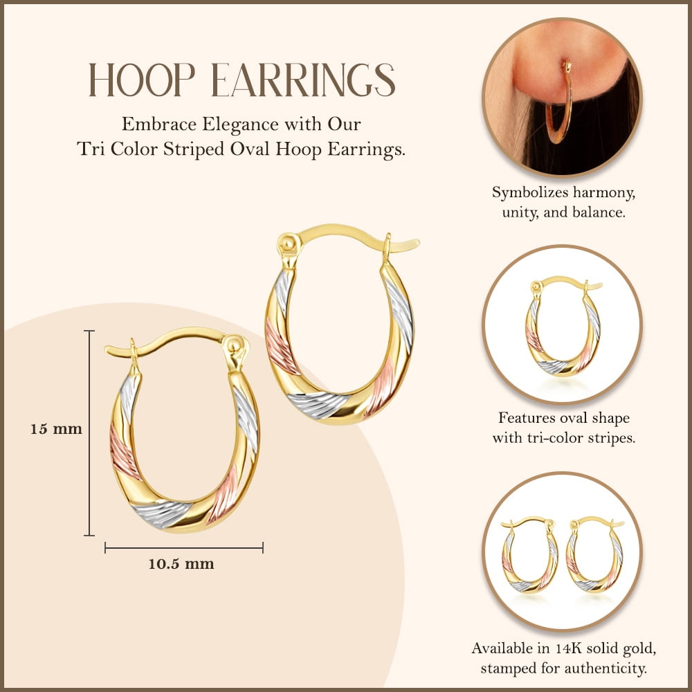 14K Tri Color Gold Striped Oval Hoop Earrings