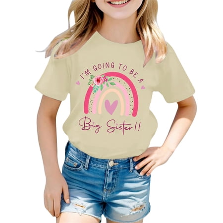 JAJAHO T Shirts For Girls Summer Top Casual Fashionable Letter Printed Round Neck Short Sleeve Graphic Tees For Kids 0-13 Years Cute Tops