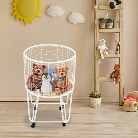 White Round Laundry Basket Storage Cart, Laundry Hamper with Wheels for Living Rooms, Bathrooms, Bedrooms