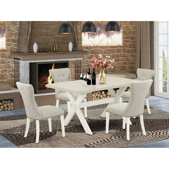 East West Furniture 5-Pc Dining room Set Included 4 kitchen parson chairs Upholstered Nails Head Seat and High Button Tufted Chair Back and Rectangular Dining Table with Linen White dining table...