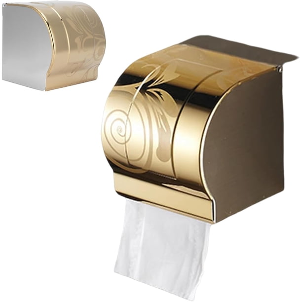 Porta Rollos Papel De Baño, Soporte De Papel Higiénico Dorado, Porta Papel De Baño Acero Inoxidable con Tapa Impermeable, Soporte para Papel Higiénico De Pared Fácil Instalación