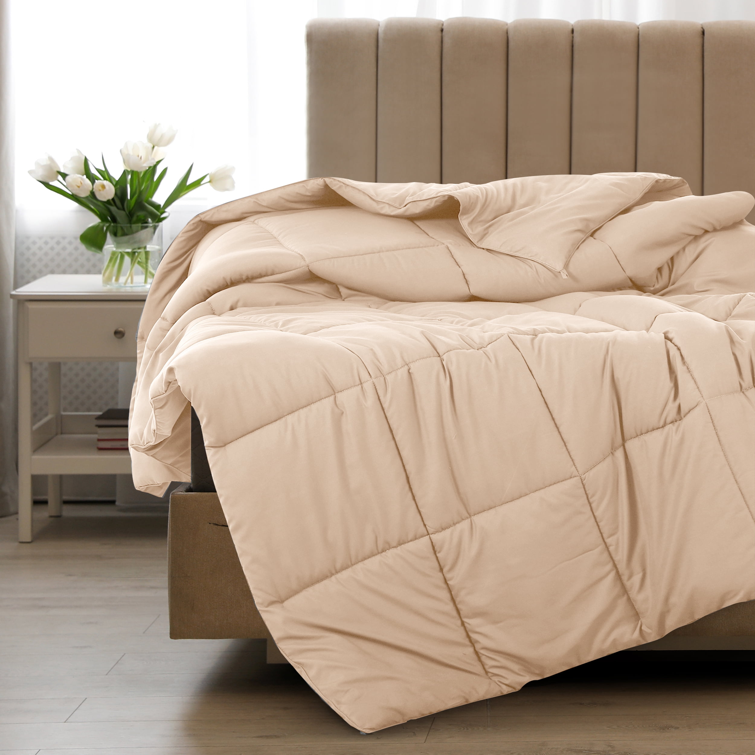 Lux Decor Collection Queen Comforter All Season Duvet Insert - Box Stitched Down Alternative Comforter - Quilted Duvet Insert with Corner Tabs (Queen, Beige)