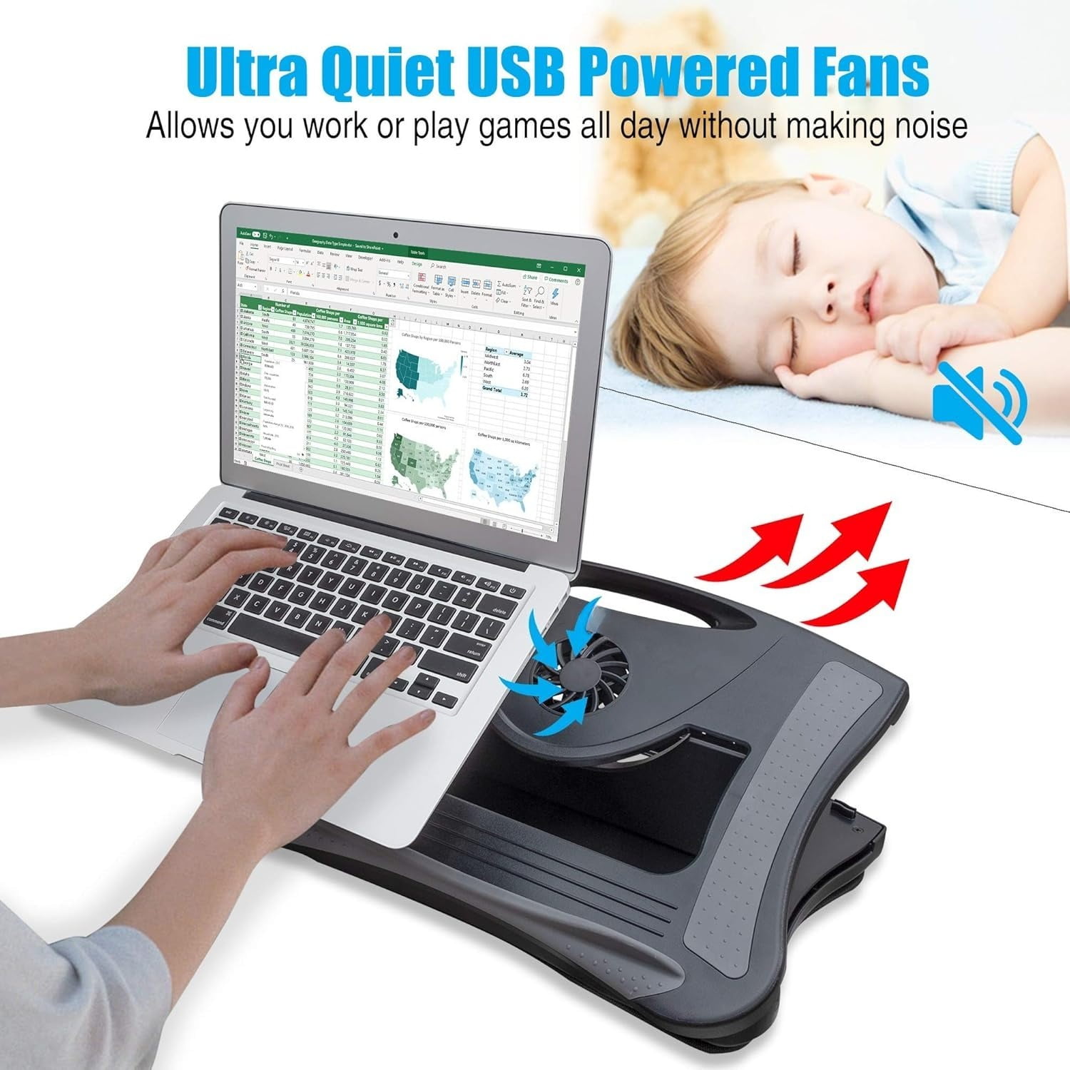 USB Cooling Fan Laptop Cooling Pad with Attached Mouse Pad, Cushion, Non-Slip Heat Shield