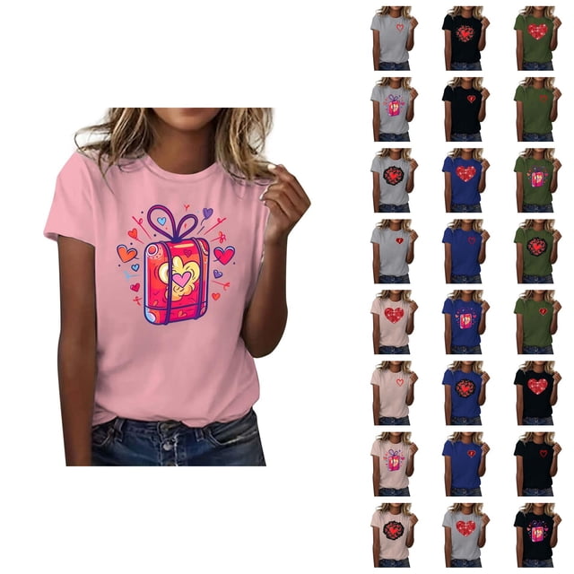 T-shirts de la Saint-Valentin pour Femmes 2026 Mode Manches Courtes Col Rond Cœur Graphique