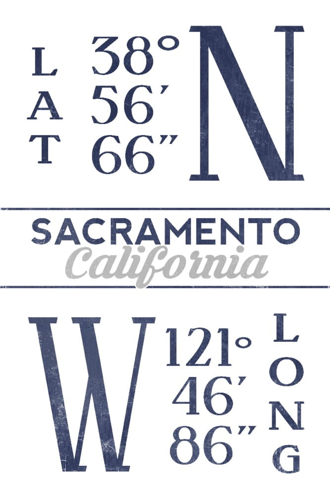 Sacramento, California, Latitude and Longitude (Blue) (24x36 Giclee Gallery Art Print, Vivid