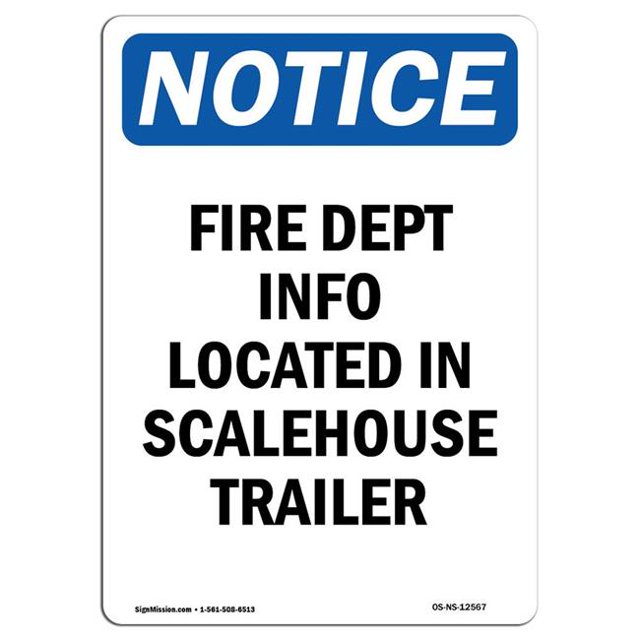 SignMission OS-NS-A-1218-V-12567 Panneau d'Avis OSHA 12 x 18 Po - Info du Service d'Incendie dans Scalehouse