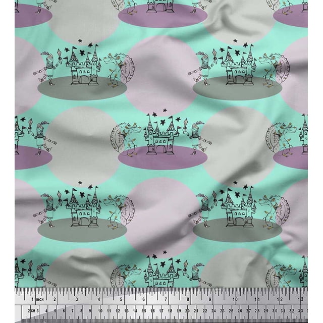 Soimoi Silk Fabric Architecture,Dianosaur & Soldier Kids Print Fabric by Yard 42 Inch Wide