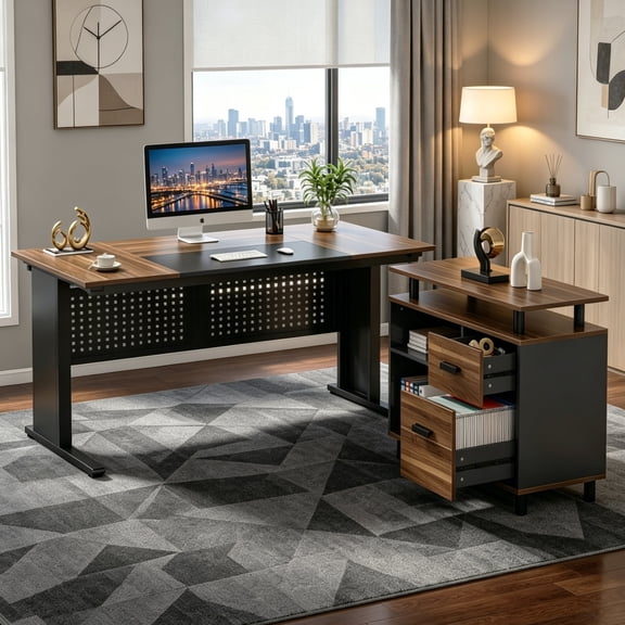 Fnova 63" L-Shaped Executive Desk with Storage Cabinet and Drawers, Large Office Desk with File Drawer, Industrial Computer Desk Workstation for Home Office