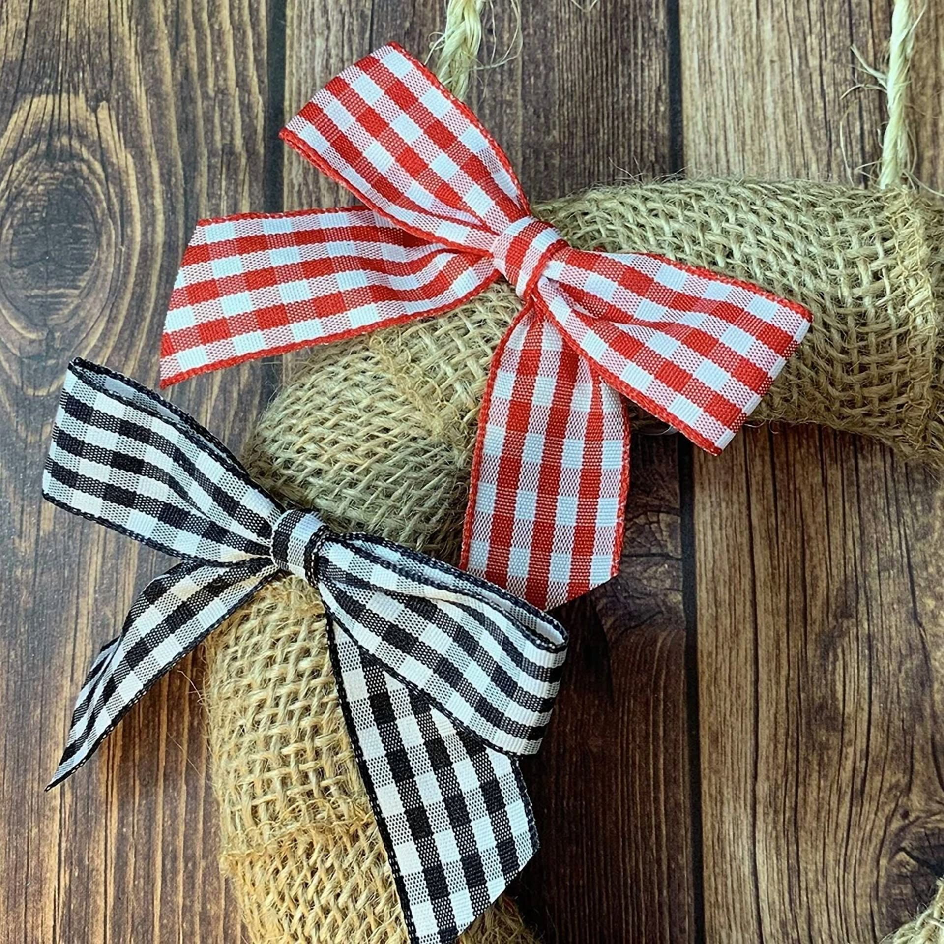 BUTTERFLY- Red & White Gingham Pre-Tied Bows - 3" Wide, Set Of 12, Buffalo Plaid, Christmas