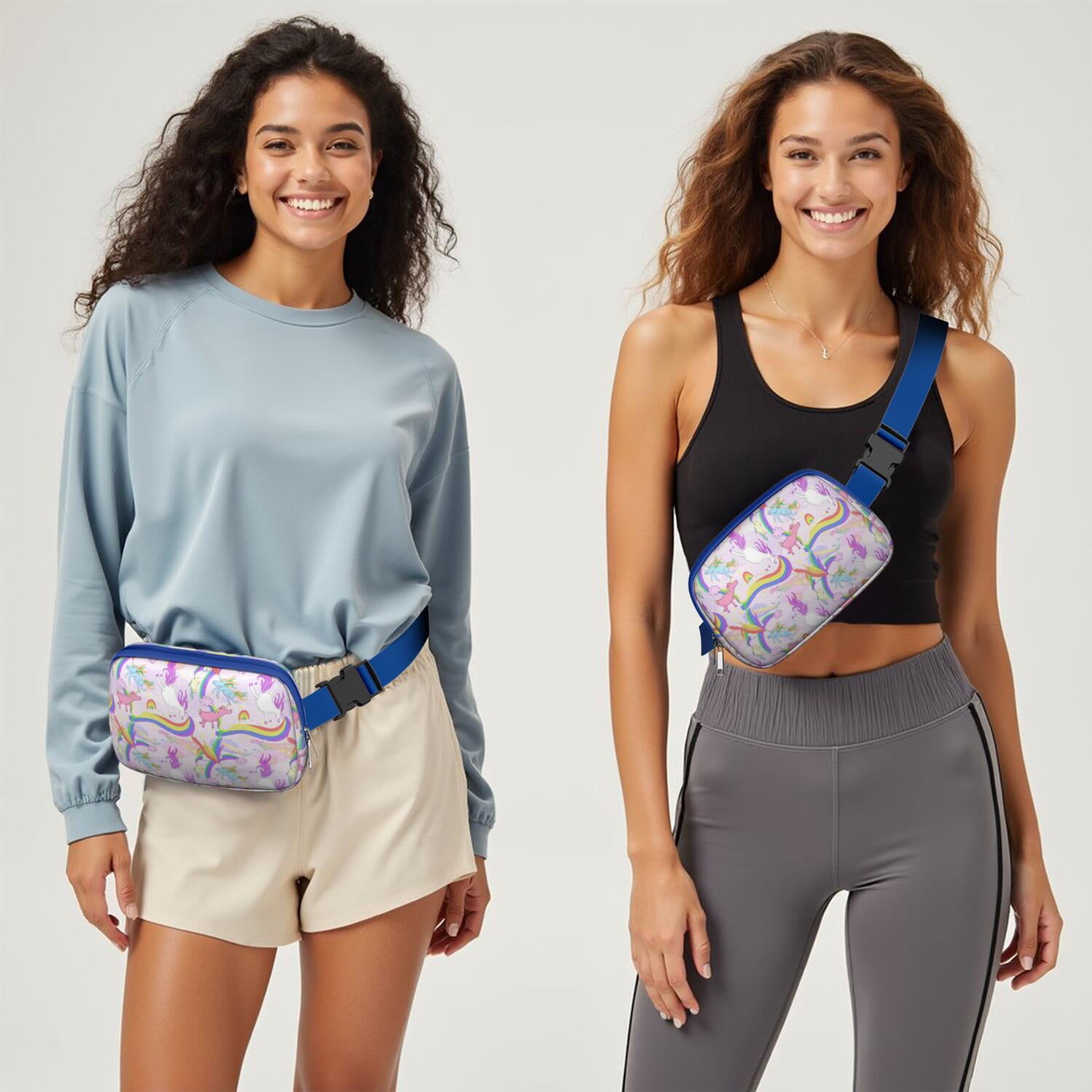 Mythical Horse Pattern Sling Bag – Cute Rainbow Unicorn Fanny Pack for Women with Water-Resistant Zipper Compartments and Adjustable Waist Strap