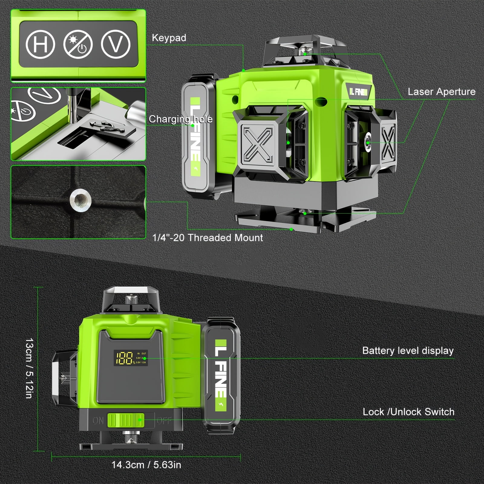 LFINE Laser Level Kit: 360self-leveling with tripod. Features4x360°cross-line laser for floor tile,wall,and construction/renovation,Includes 2x4800mAh batteries.