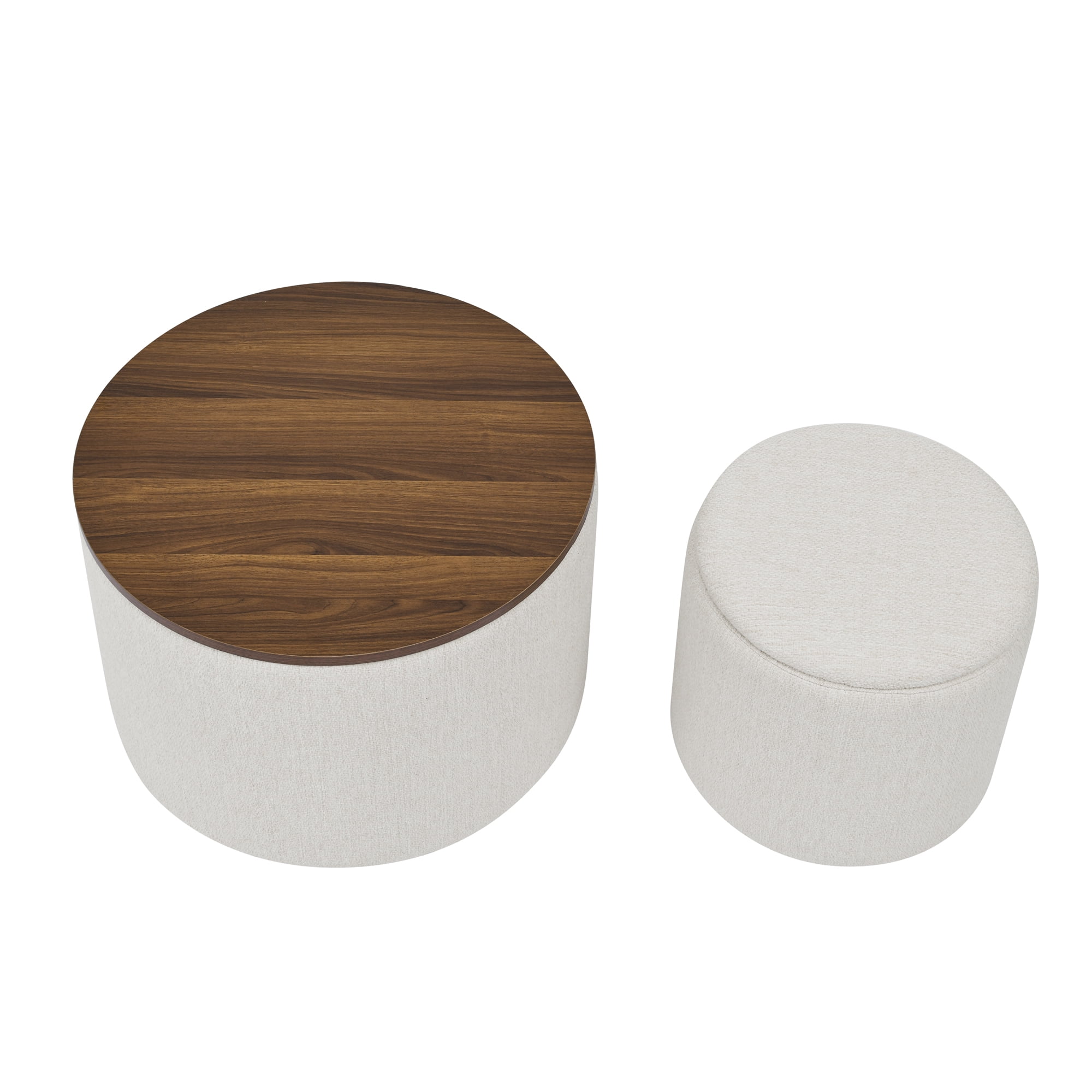 Lunale Round Storage Ottoman Set of 2, Chenille Upholstered Coffe Side Tables for Living Room, Beige