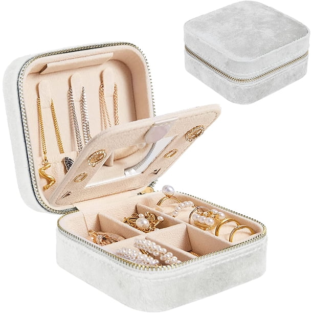 Joyero de viaje de terciopelo blanco - Pequeño joyero para mujer, estuche de viaje para joyas - Organizador de pendientes con espejo