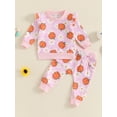 thumbnail image 2 of Suealasg Toddler Baby Girls Halloween Outfits 6M 1T 2T 3T Heart Pumpkin Flower Print Long Sleeve Crew Neck Sweatshirts Long Pants 2Pcs Fall Tracksuit Clothes Set, 2 of 8