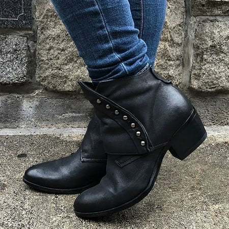 

Womens Essentials Hvyes Women s Shoes Fashion Minimalistic Solid Color Side Zipper Low Tube Round Head Thick Heel Rivets Short Boots