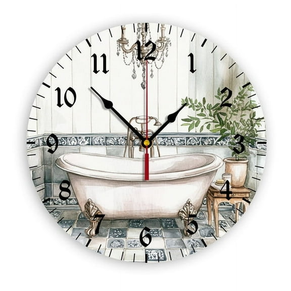 YladaFaie Watercolor Vintage Bathtub Wall Clocks for Living Room Decor,Kitchen Clocks Wall Battery Operated - 10 Inch Round Bathroom Wall Clock Silent Non-Ticking