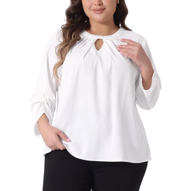 Blusas plisadas de trabajo para mujer de tallas grandes GRACE & GRANDEUR con cuello redondo y abertura en forma de llave, mangas 3/4, talla 3X, blanca
