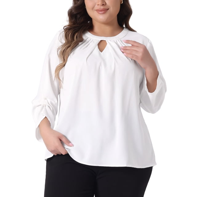 Blusas plisadas de trabajo para mujer de tallas grandes GRACE & GRANDEUR con cuello redondo y abertura en forma de llave, mangas 3/4, talla 3X, blanca