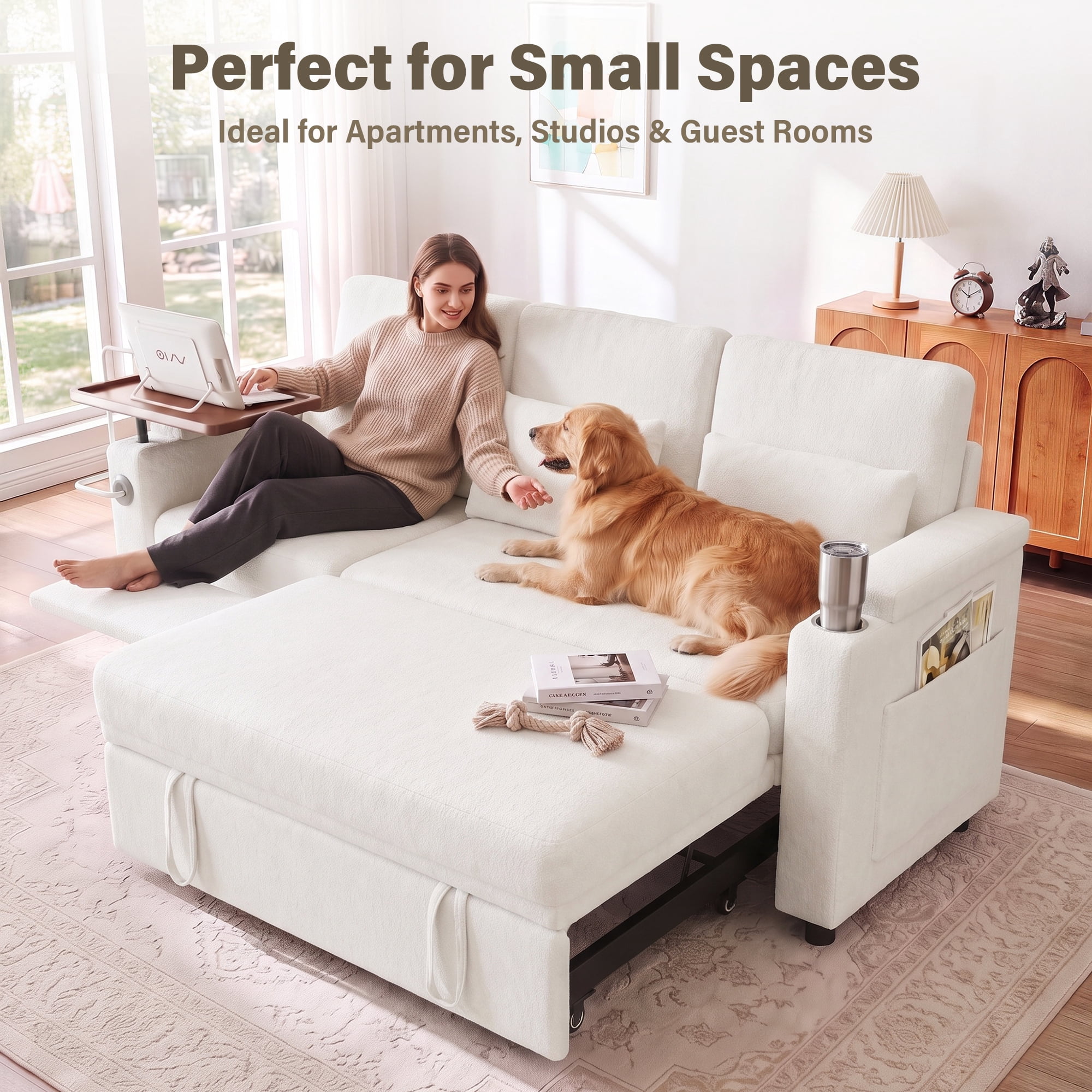 Aukfa 81" Convertible Sleeper Sofa,Chenille 3-in-1 Sofa Bed with Recliner,Center Table,USB Ports & Storage Armrests,White