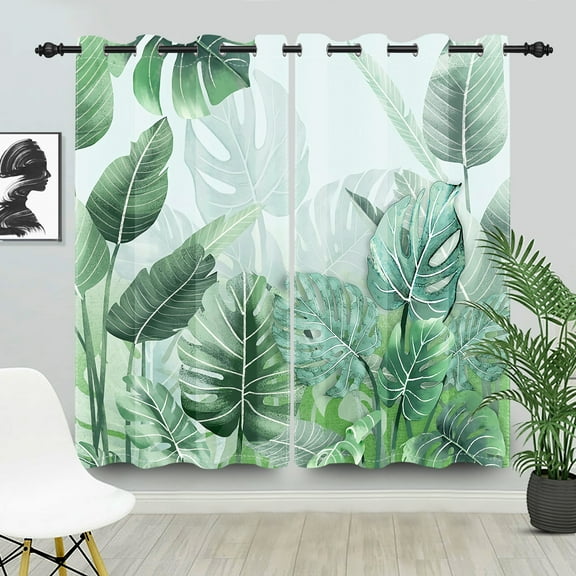 SUNOLIFE Plant Blackout Curtains 2 Panels 63 Inch Green Palm Leaves Window Curtains for Living Room Bedroom