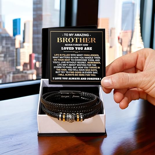 Brothers Bracelets Gift, Birthday Gift for Brother From Sister, Braided Leather for Men With Message Card and Gift Box, To My Brother Bracelet, Christmas Gift for Brother