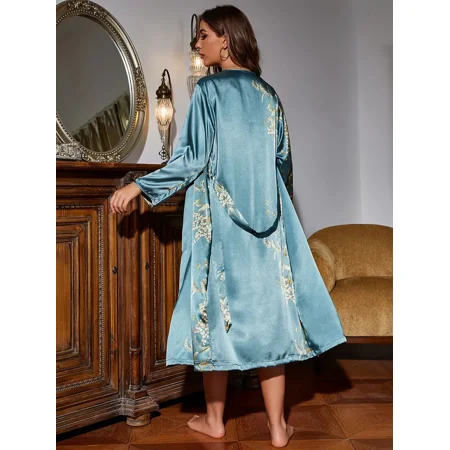 

Women‘s 2 Piece Plant & Bird Print Pajama Sets Sleepdress And Robe Pj Sets Sleepwear