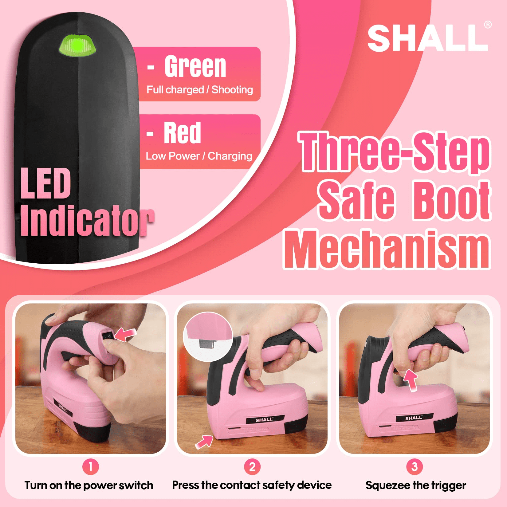 SHALL Pink Electric Staple Gun, 2 in 1 Cordless Staple Gun for Wood, 4V Rechargeable Brad Nailer Kit w/ 2500 Staples Nails, Staple Remover & Fast Charger for Crafts, DIY, Decoration