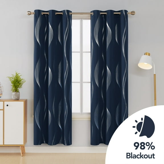 Deconovo Home Decoration Silver Wave Line Foil Printed Grommet Blackout Curtains for Bedroom with 42x72 inch 1 Pair Navy Blue
