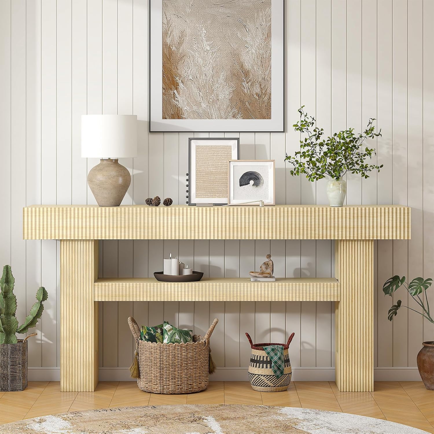 Winkalon 63" Fluted Entryway Console Table, Farmhouse Long Narrow Wooden Sofa Table Behind the Couch for Living Room, Hallway, Entrance, Foyer, Oak