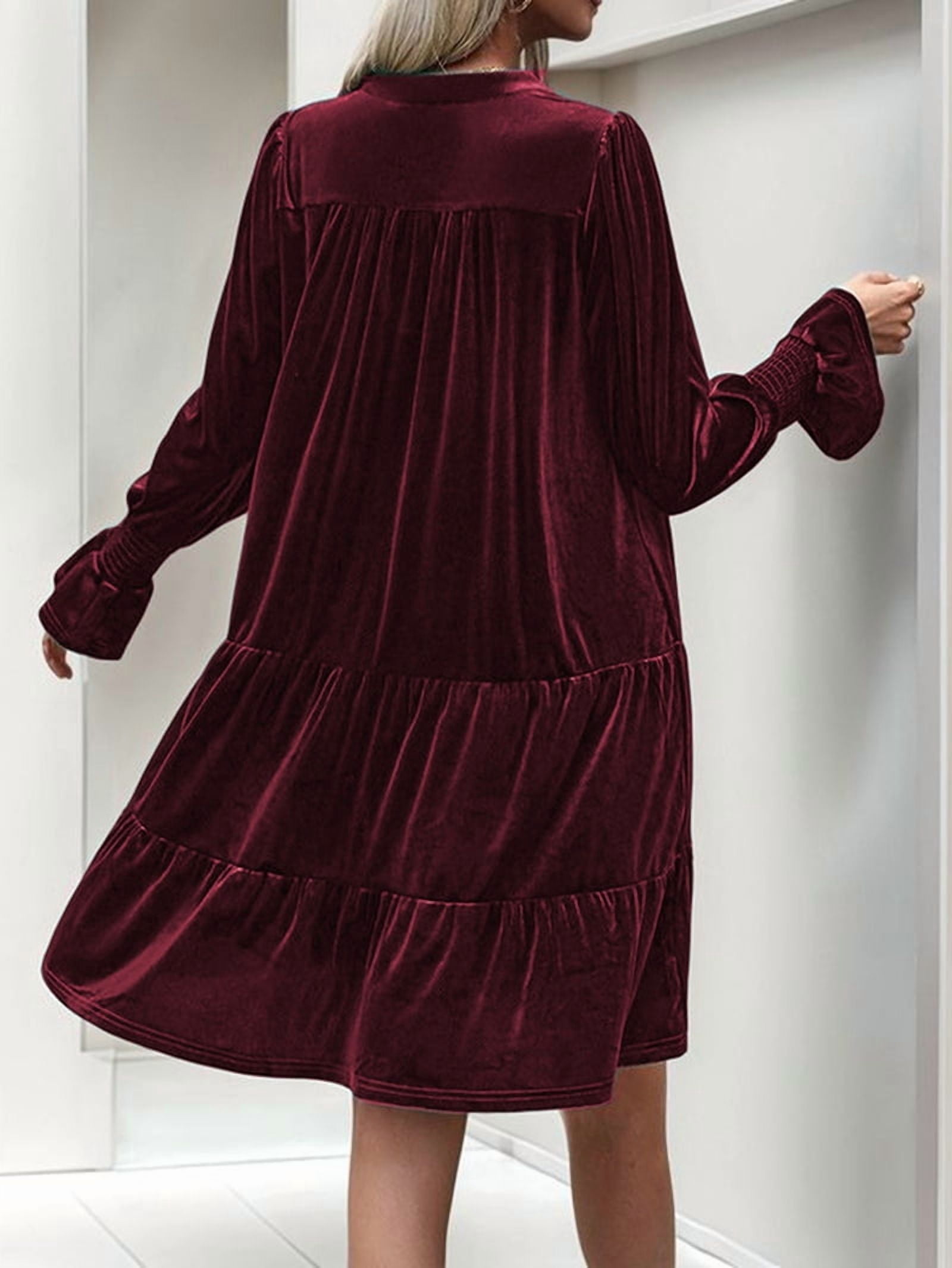 Women'S Elegant Velvet Long Sleeve Dress Casual Fall V Neck A Line Babydoll Flowy Formal Wedding Party Mini Dress Wine Red S