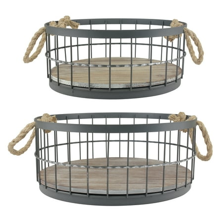 Set of 2 Wire and Wood Coastal Baskets