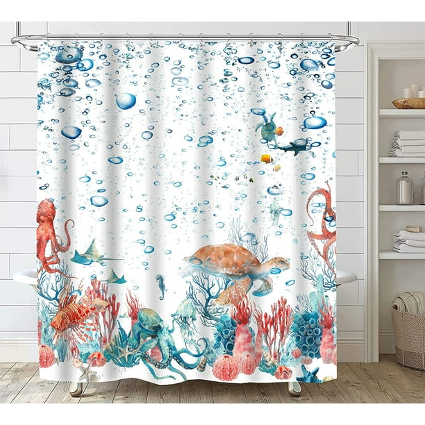 Nautical Coastal Fabric Shower Curtain,Octopus Coral Beach Bath Curtain