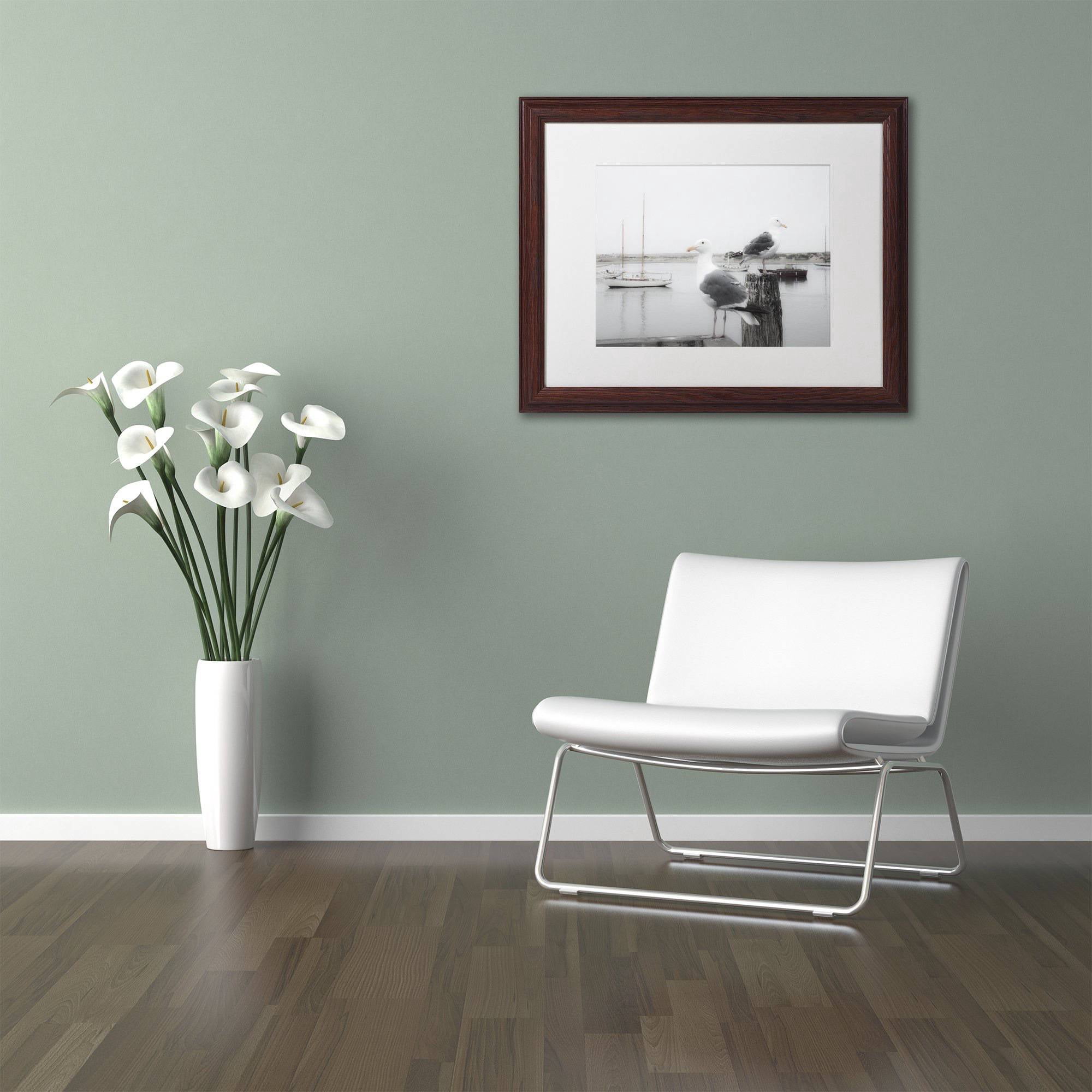 Trademark Fine Art "Two Seagulls and Boats" Canvas Art by Moises Levy White Matte, Wood Frame