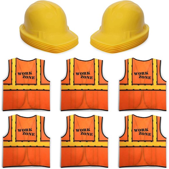 Ensemble de 6 Costumes de Fête de Travailleurs de la Construction avec Gilets et Chapeaux Jouets pour Fournitures et Cadeaux d'Anniversaire pour Enfants, Jaune et Orange