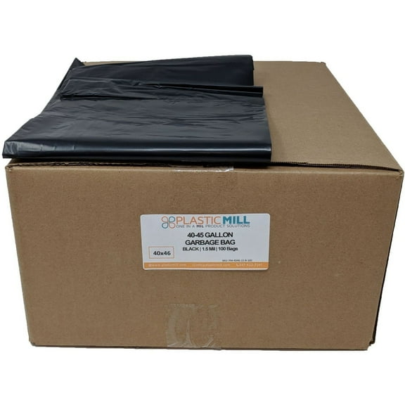 PlasticMill 40-45 Gallon, Black, 1.5 Mil, 40x46, 100 Bags/Case, Garbage Bags / Trash Can Liners.
