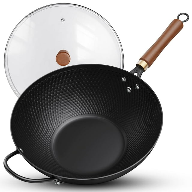 Sartén Wok Todlabe de Acero al Carbono Antiadherente de 33 cm con Tapa de Vidrio