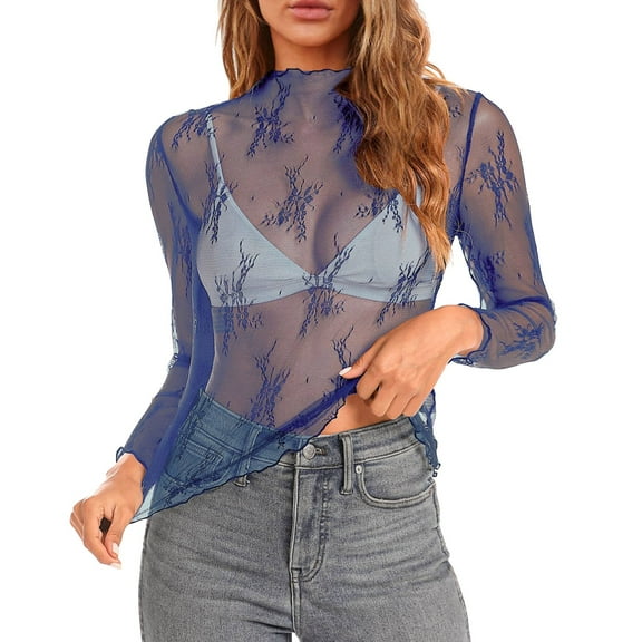 XIAOCHA Women's Floral Embroidery Mesh Layering Top Long Sleeve Neck Sheer Tee Blouse