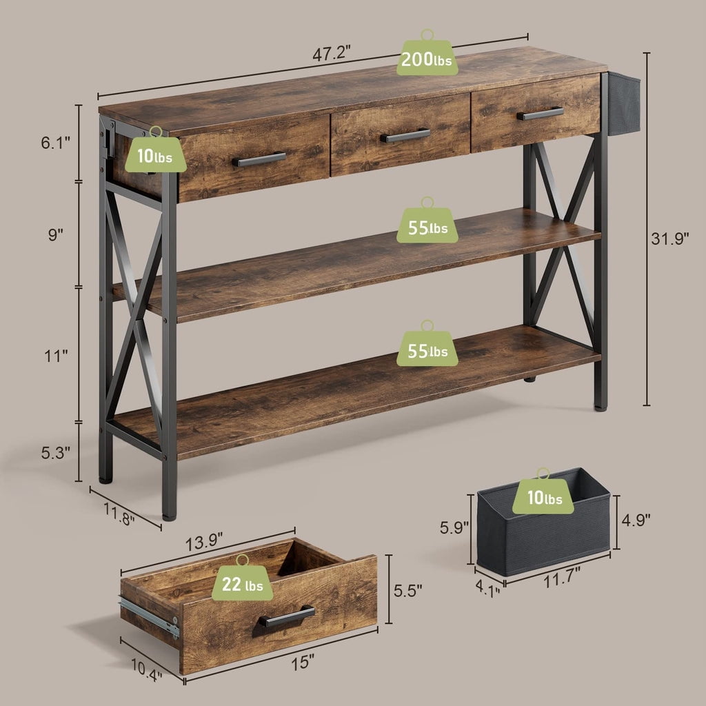 Aiho 47 "L Console Table  with Drawers, Entryway Table with Storage Shelves, Sofa Table for Living Room, Entryway - Rustic Brown