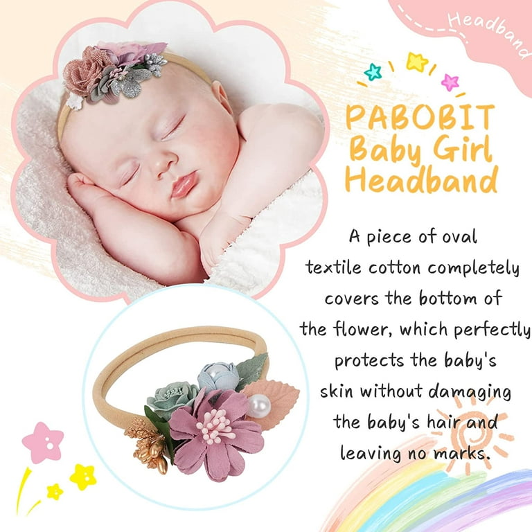 PABOBIT Baby Girl Flower Nylon Headband-Elastic Hair Band Handmade Bow For  Newborn Infant Toddler Pack of 3 (Multicoloured)