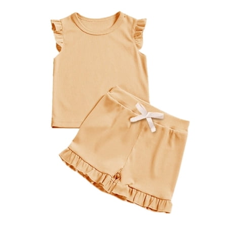 Ulitacool Girl Summer Outfits 2 Piece Set Sleeveless Top Elastic Waist Shorts For Beach School Party Yoga Leisure Wear Khaki 1-2 Years