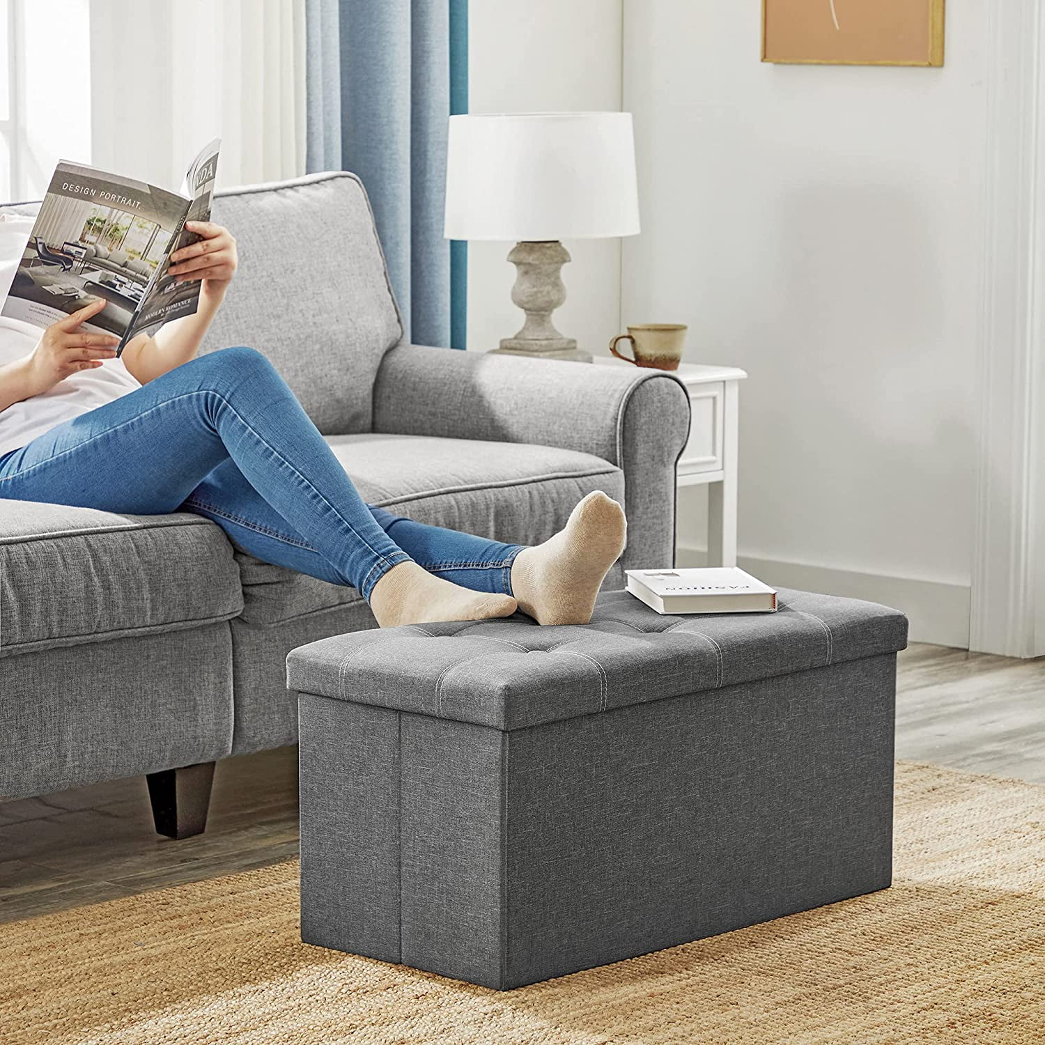 SONGMICS 30" Ottoman Footstool Storage Ottoman Bench Holds 660 lb Folding Ottoman with Storage for Living Room Dark Gray