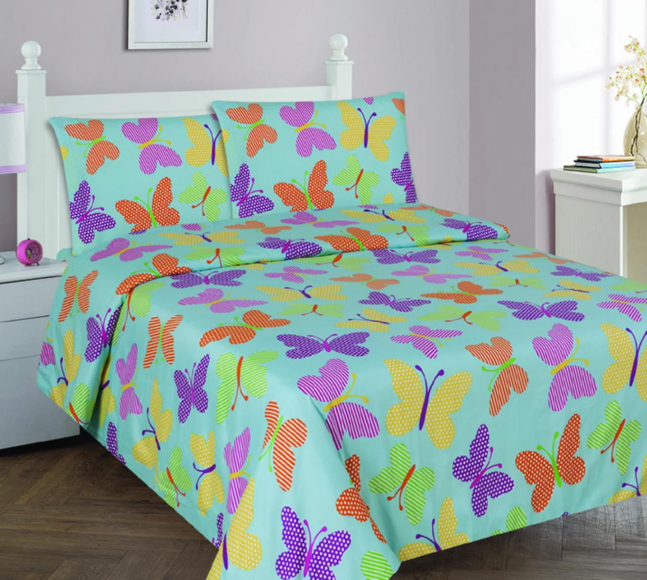 BUTTERFLY TURQUOISE Full Size 4Piece Kids Printed Microfiber Bedding
