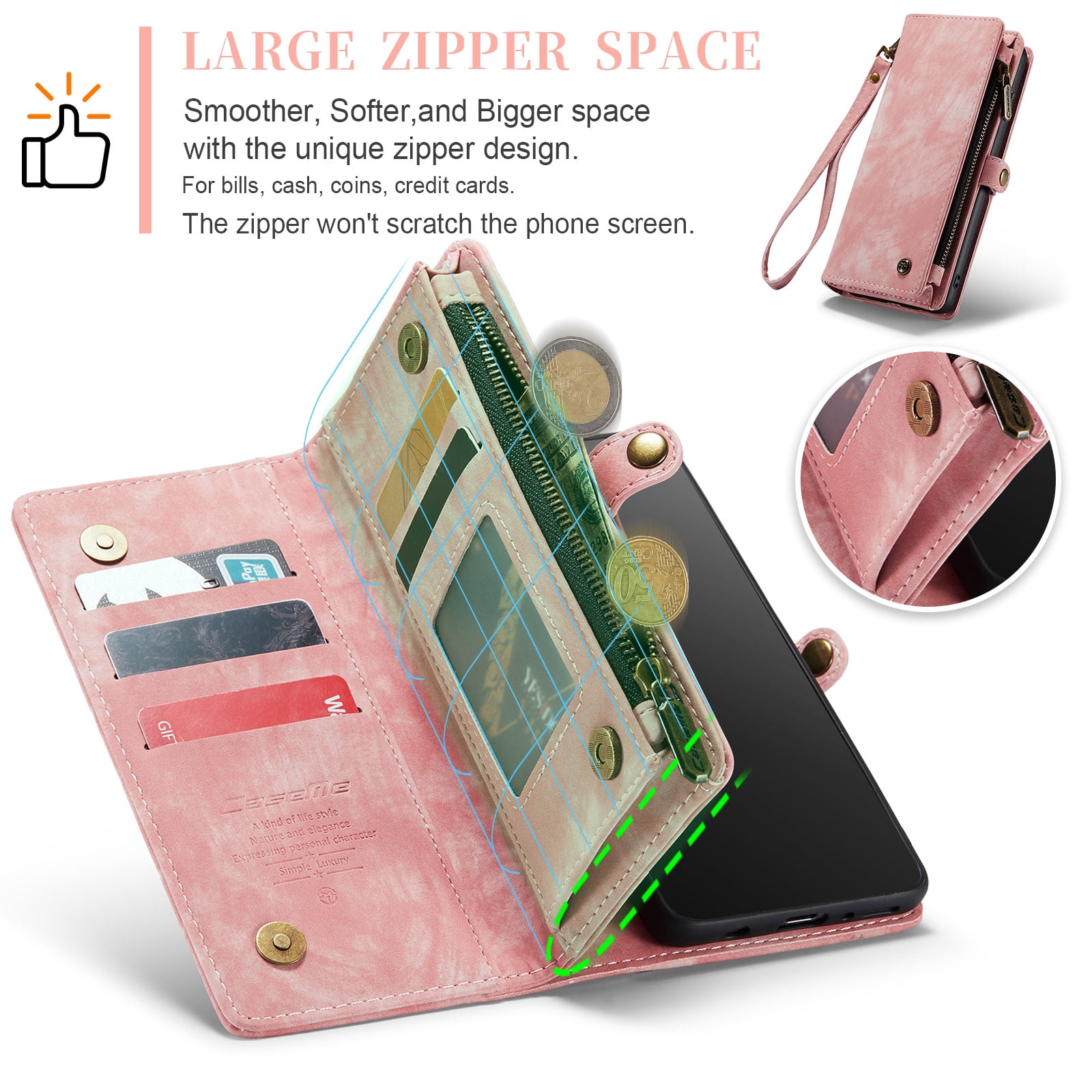 For Samsung Galaxy S10 Wallet Case,Multi-Functional Retro Leather Purse Flip Cover Zipper Wallet Case with Removable Card Slots Pocket & Detachable Wrist Strap Magnetic Phone Case, Pink