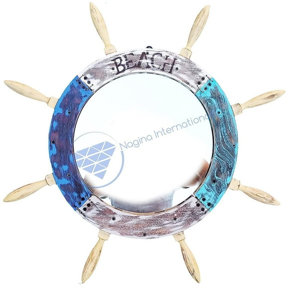 Wooden Ship Wheel Mirror (BEACH) - Pointed Handles (White, Ocean Blue & Dark Blue Antique Finish) - (48 Inches)