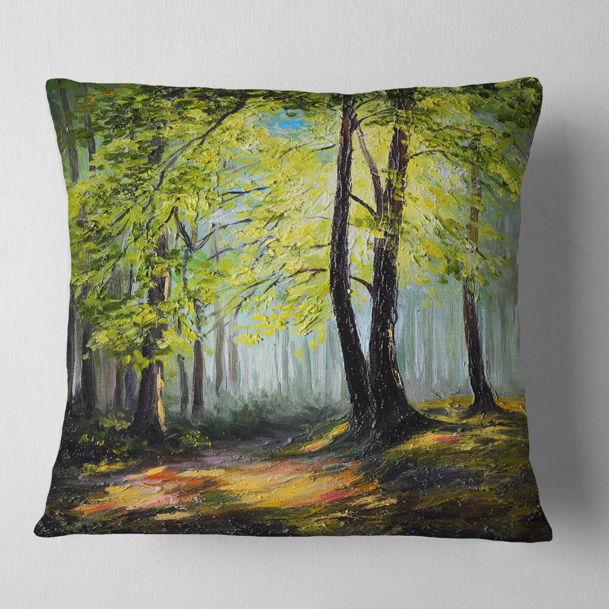 Designart Green Autumn Forest - Landscape Printed Throw Pillow - 16x16