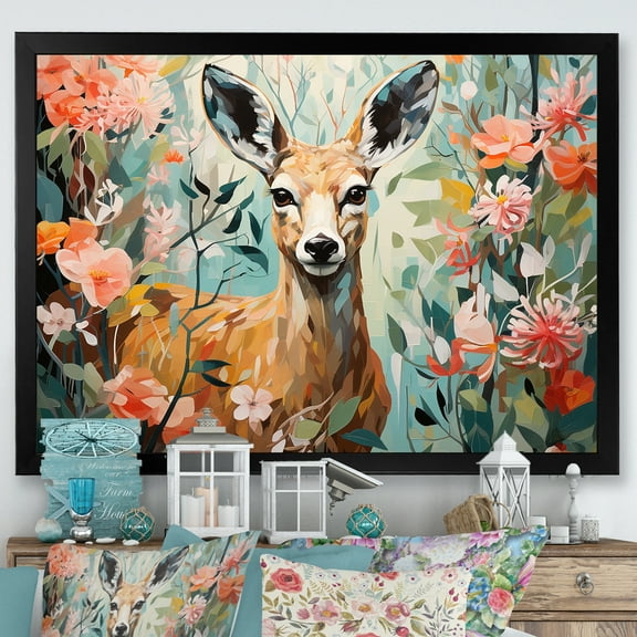 Designart "Deer amidst Blooms in Pink and Green" Animals Framed Wall Art Decor - Modern Farmhouse Brown Deer Bedroom Framed Canvas Wall Art