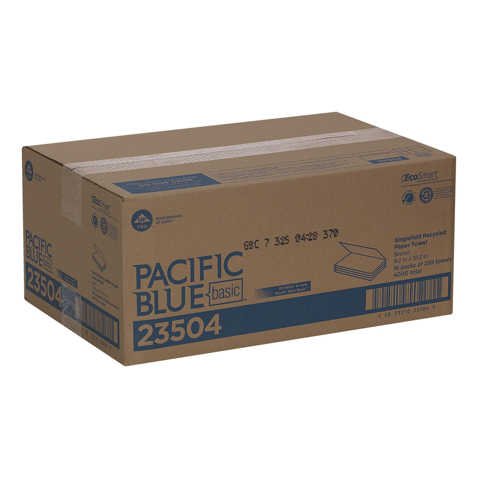 Pacific Blue Basic™ By GP PRO™ Single-Fold Hand Towels, 9-1/4" x 10-1/4", 100% Recycled, Brown, Case Of 4,000 Sheets