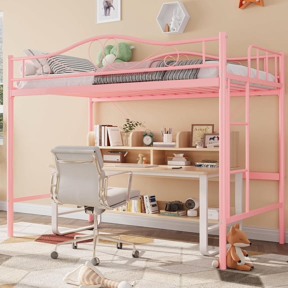 Loft Bed Twin Size, 400 Lbs Heavy Duty Metal Twin Loft Bed with Ladder & Safety Guardrail, Space-Saving, Noise Free, No Box Spring Needed, Easy Assembly, Pink